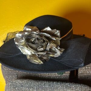 Elegant Black Hat with gold Rose Accent